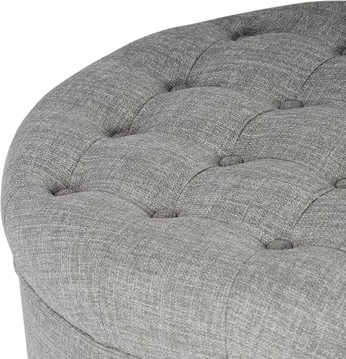 Homepop Home Decor |Button Tufted Woven Round Storage Ottoman | Ottoman with Storage for Living Room & Bedroom (Gray Woven)