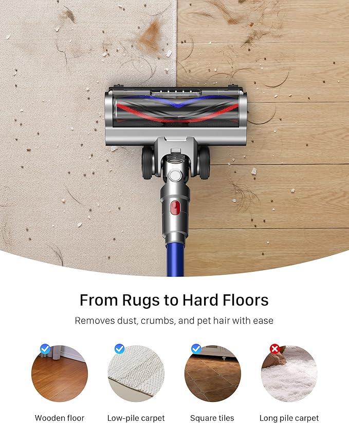 Cordless Vacuum Cleaner - Powerful Stick Vacuum with HEPA Filter, 55-Min Runtime, LED Light, Anti-Tangle Brush, Detachable Battery, Lightweight for Home, Pet Hair, Carpets & Hard Floors