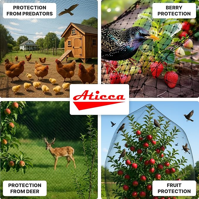 ATICCA Heavy Duty Bird Netting for Garden Protection & Fruit Trees, 7.5x100 Ft with 10 Stakes – Black Anti-Bird Net for Poultry, Deer, & Squirrel Protection, Durable Nylon Mesh for Garden and Yard Use