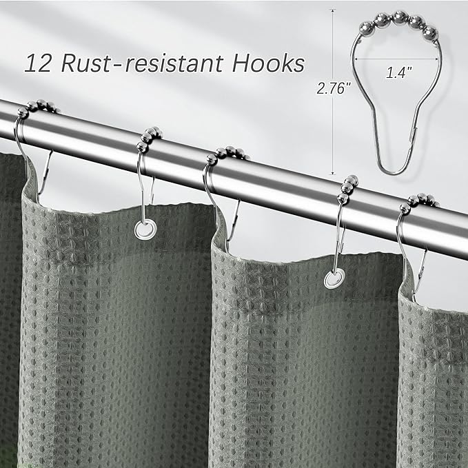Grey Shower Curtain Waffle Weave Textured Fabric Heavy Duty for Bathroom, Waterproof 256GSM Weighted Hotel Quality Luxury Bath Curtain Set with 12 Hooks, 72Wx72H Gray