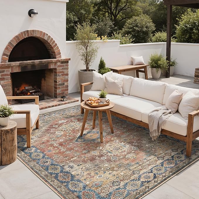 GENIMO Outdoor & Indoor Area Rug 8'x10', Waterproof, Non-Shedding, Easy Cleaning, Boho Mat for Patio, Living Room, Balcony, Dining Room, RV, Deck, Bedroom, Camping, Outside Carpet,Antique Red