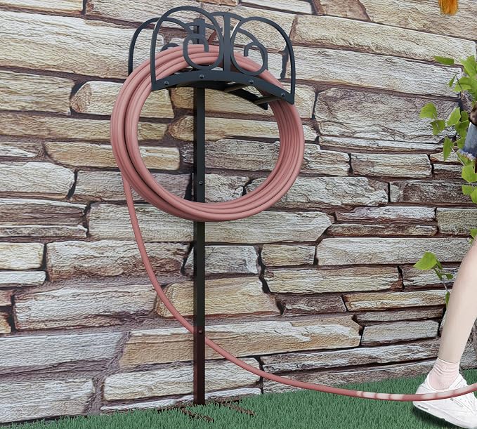 Upgraded Garden Hose Holder Stand with 4 Spikes - Heavy Duty Water Hose Reel, Hose Organizer, Holds 150ft Hose for Outside Yard Lawn, Black