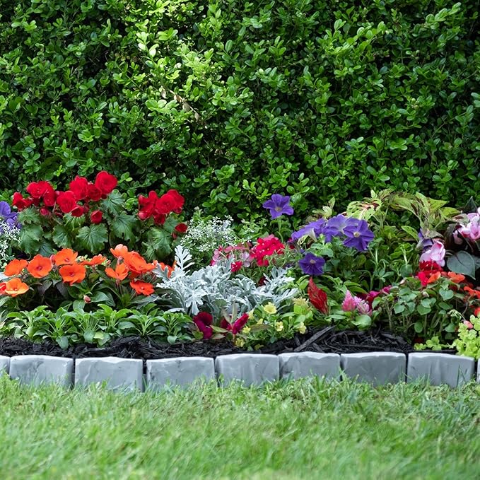 EasyFlex No-Dig Landscape Edging with Anchoring Spikes, 2.7 in. Tall Decorative Stone-Look Garden Border, 90 Foot Kit, Slate Gray (3602S-90C)