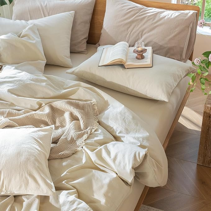 MooMee Bedding Duvet Cover Set 100% Washed Cotton Linen Like Textured Breathable Durable Soft Comfy (Heathered Almond Milk Grey, Palatial King/Oversized King 120"x98")