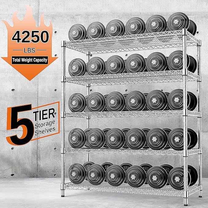 IZEUK 3300 LBS Garage Shelving Wide Storage Shelves 5 Tier Metal Shelves Heavy Duty Adjustable Utility Shelf Rack Chrome 17.7" D x 59.1" W x 70.4" H