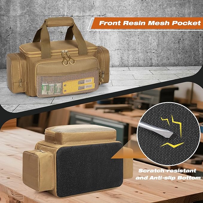 Small Tool Bag with Anti-friction Bottom, Tactical 12" Tool Tote for Men, Hand Tool Storage Organizer for Electrician, Repairman and Carpenters, Khaki