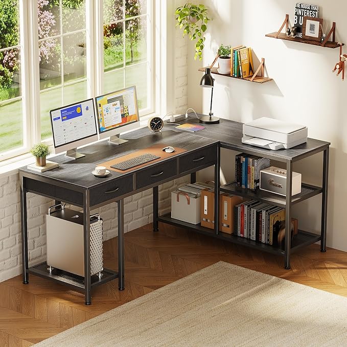 PRAISUN 55 Inch L Shaped Office Desk with Power Outlets and Type-C Port, Large Computer Gaming Desk with 3 Fabric Drawers, Mesh Shelves, Corner Study Work Writing Desk, Grey