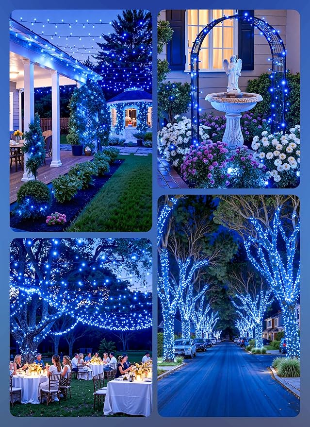 Brightown 2 Pack Solar String Lights Outdoor,Total 80FT 200 LED Solar Powered String Lights Waterproof with 8 Modes, Auto On/Off, Patio Lights for Outside Tree Garden Balcony Party Decor (Blue)