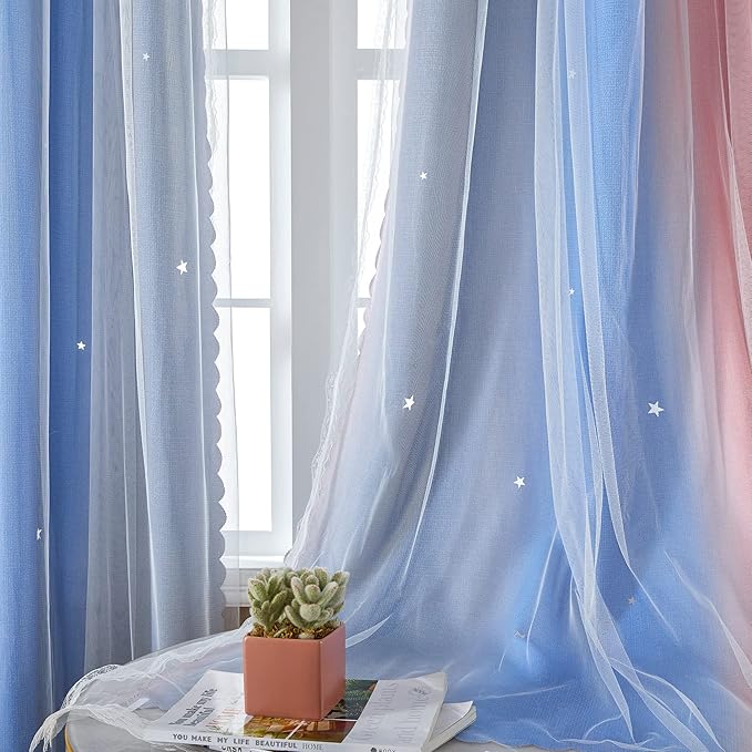XiDi Curtains for Bedroom Decor, Rainbow PinkGreyBlue-34-54