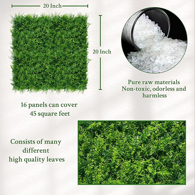 ODTORY Artificial Plants Hedge Wall Panels：20x20 Inch 16P UV-Anti Greenery