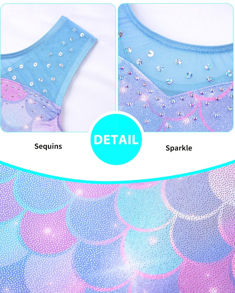 HOZIY leotards for girls gymnastics size 8-10 years Spliced Mesh Strap Tumbling Outfits Biketard Practice Blue Mermaid Rhienstone Sparkly ropa de gimnasia para niñas