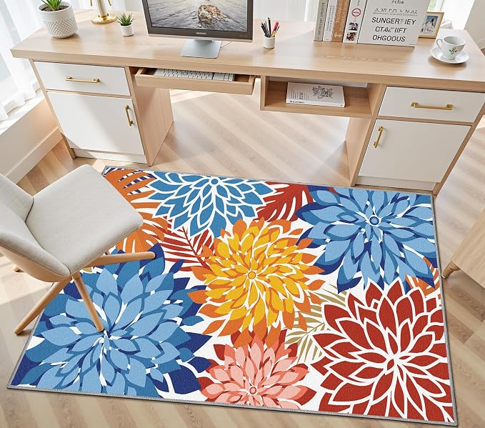Colorful 3x5 Washable Rug for Living Room Tropical Botanical Modern Floral Chenille Area Rugs Low Pile Non Slip Carpet for Patio, Bedroom, Laundry, Vivid Dahlia