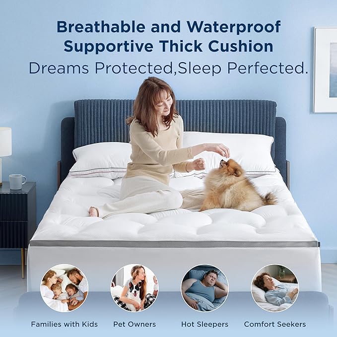 Bedsure Mattress Topper Queen - Pillow Top Queen Mattress Protector with 8-21 Inches Deep Pocket, 800 GSM Extra Thick Waterproof Bed Pad Fitted, Soft Cover Bed for Home, Bedroom, Hotel - White