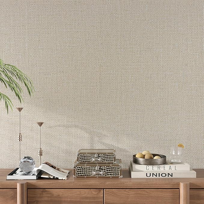 VEELIKE Beige Grasscloth Wallpaper Textured Peel and Stick Grass Cloth Wallpaper
