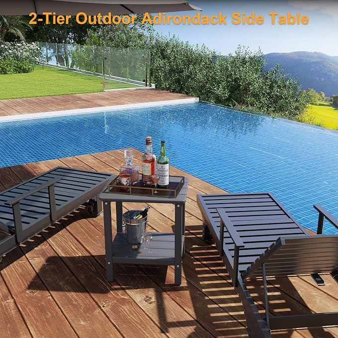 Outdoor Side Table, 17.7-Inch Small Patio End Table with Adjustable Feet, All-Weather HDPE Accent Adirondack Table for Porch Deck Balcony Poolside, Easy Maintenance, Grey