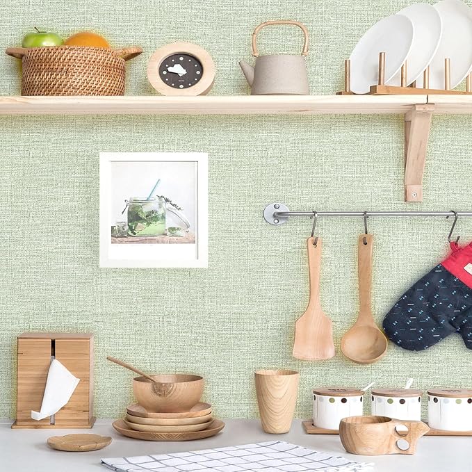 Amiya Grasscloth Wallpaper 17.3"x120" Sage Green Peel and Stick Faux Fabric