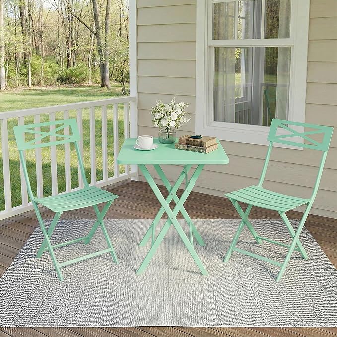 Outdoor Square Bistro Set 3 Piece, Green Iron Tube Patio Furniture Set with Square Table & 2 Chairs, Foldable Steel Backyard Deck Porch Garden , Space Saving Outdoor Dining Set for Small Spaces