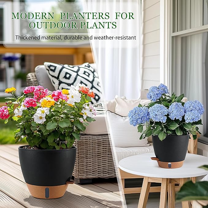 Self Watering Pots for Inoor Ourdoor Plants 10/9/8/7/6.5 Inch Plastic Planters with Drainage Holes & Water Level Indicator, Decorative House Flower Nursery Planting Pots with Saucers(Black)