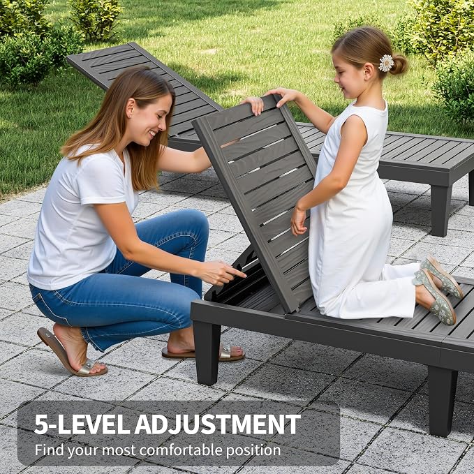 Outdoor Chaise Lounge Chairs Set of 4, 5-Position Adjustable Tanning Lounge Chairs with Wood Texture, All-Weather Resin Patio Lounge Chair for Pool, Garden, Deck, Beach, Striped Black