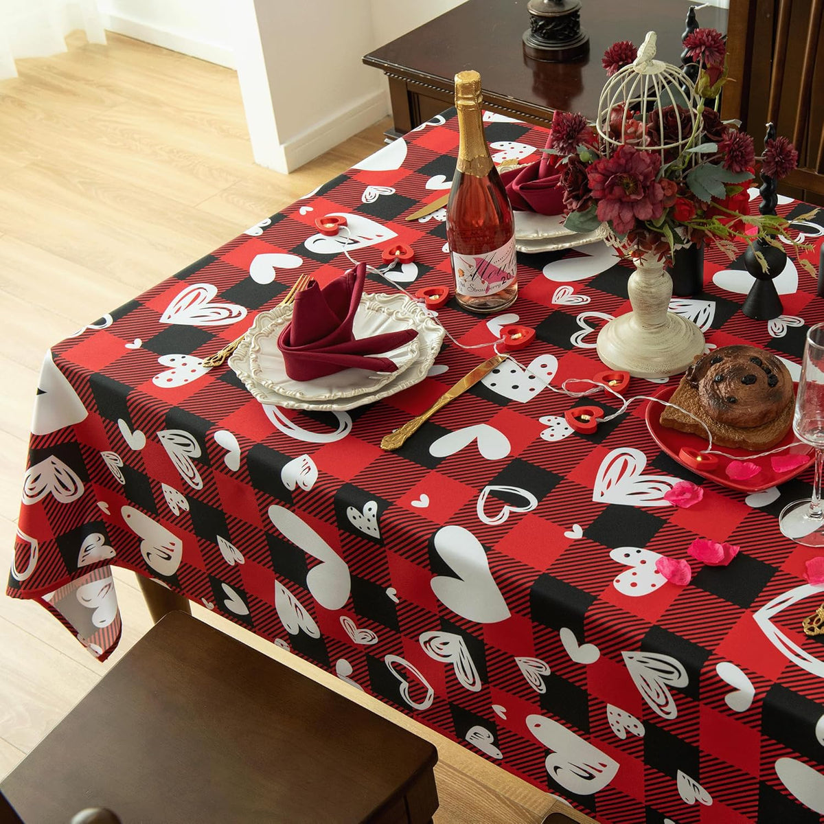 Waterproof Checkered Tablecloth Fabric - Rectangle 58x84 Inch Happy Valentine Table Cloth for Indoor/Outdoor Use - Red Checkered Table Cover for Kitchen, Dinner, and Parties