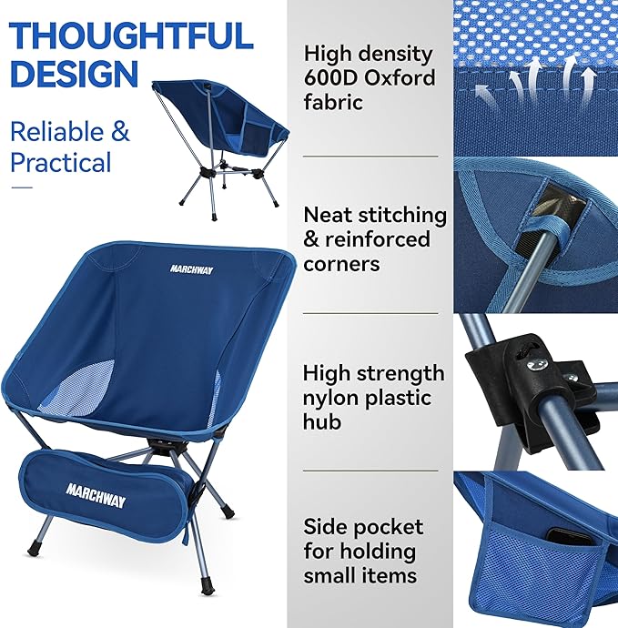 MARCHWAY Lightweight Folding Camping Chair with Spring Lock, Stable Compact Portable for Outdoor Camp, Travel, Beach, Picnic, Festival, Hiking, Backpacking (Lowback Dark Blue)