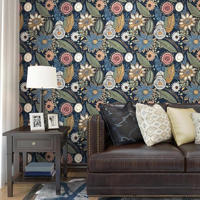 Blue Wallpaper Peel and Stick, Vintage Boho Floral Contact Paper 17.5" x 118"
