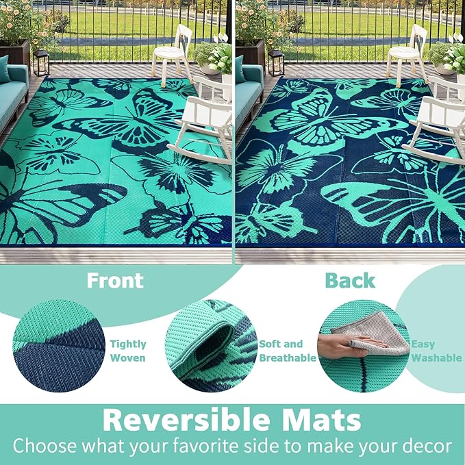 Beeiva Butterfly Outdoor Rug 8x10 Patio Waterproof, 8x10 Reversible Plastic Outdoor Rugs for Patio, Lightweight & Easy Clean Mat for Pool, Balcony, Backyard, Camping, Deck - Teal