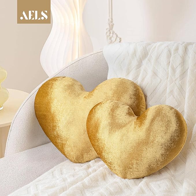 AELS Heart Shaped Pillow, Set of 2, Heart Decorative Throw Pillows, Velvet Love Pillows 20 & 16 Inches, Cute Valentines Day Decorations, Wedding Decor, Living Room Bedroom Nursery Decor, Golden