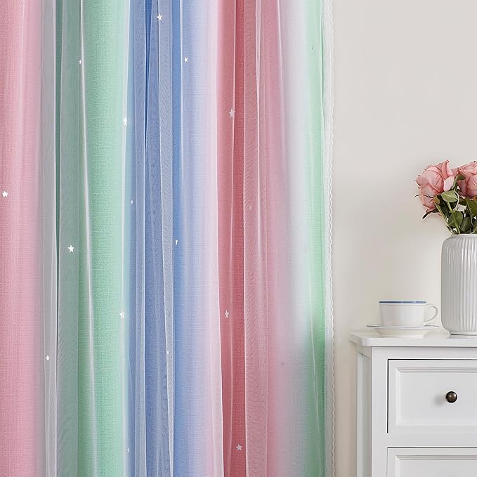 XiDi Curtains for Bedroom Decor, Rainbow Pink GreenBlue34/90/1