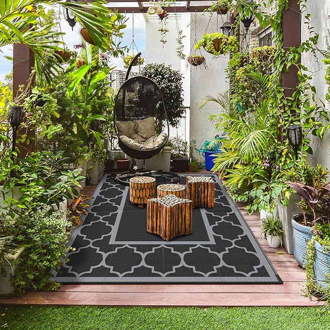 GENIMO 8' x 10' Outdoor Rug Patio Waterproof, Reversible Plastic Straw Area Rugs Mat for Camper Decor, Outside Carpet for Camping, Rv, Deck, Porch, Picnic, Beach, Balcony, Black & Grey