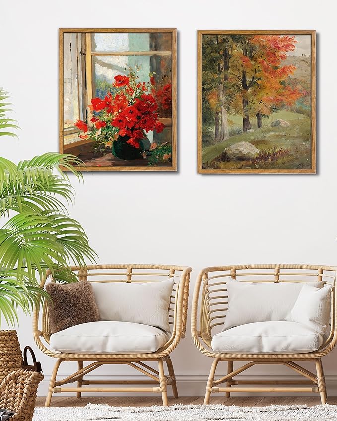 UPWOIGH 16x24 in Large Framed Wall Art, Red Poppies by the Window Oil Painting Canvas, Vintage Farmhouse Rustic Decor, Red Flowers Print, Antique Wall Decor for Living Room Bedroom, 1 Pack Gift