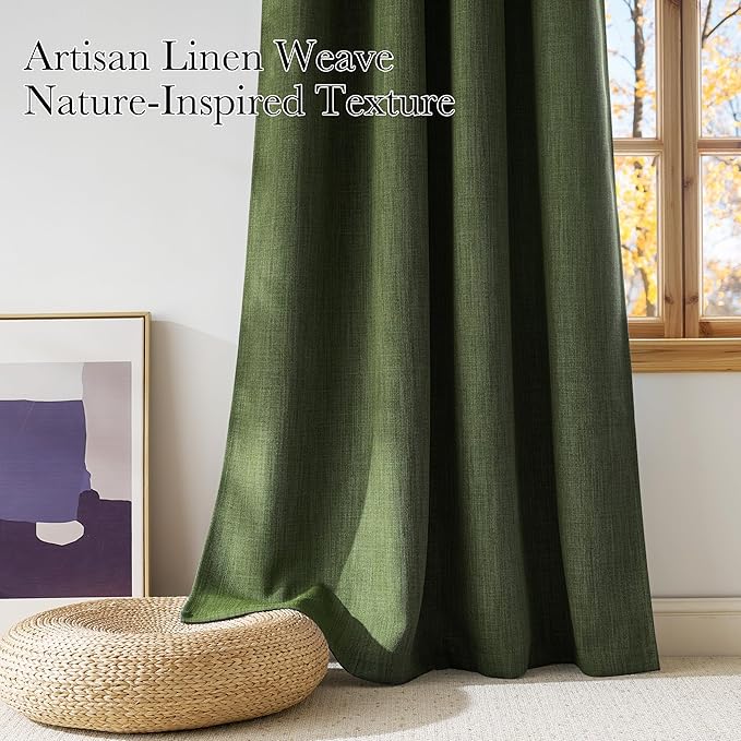 NICETOWN Short Faux Linen Froest Green Blackout Curtains 63 inches Long