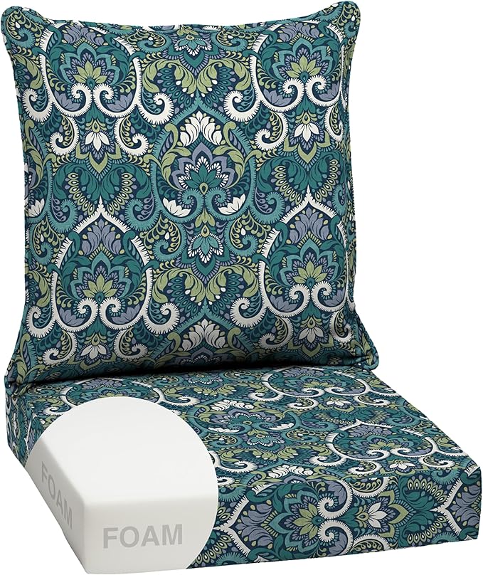 Arden Outdoor Foam Deep Seat Cushion Set, 24x24, Premium High-Density Foam, Never Flattens, Weather-Proof for Patio Chair Sofa Couch, Sapphire Aurora Blue Damask