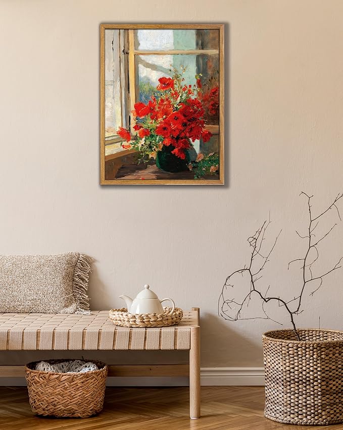 UPWOIGH 8x10 in Framed Wall Art, Red Poppies by the Window Oil Painting Canvas, Vintage Farmhouse Rustic Decor, Red Flowers Print, Antique Wall Decor for Living Room Bedroom, 1 Pack Gift