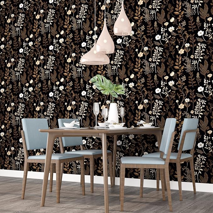 Dark Taupe Floral Peel and Stick Wallpaper, 17.5In x 197In Vintage Black Golden