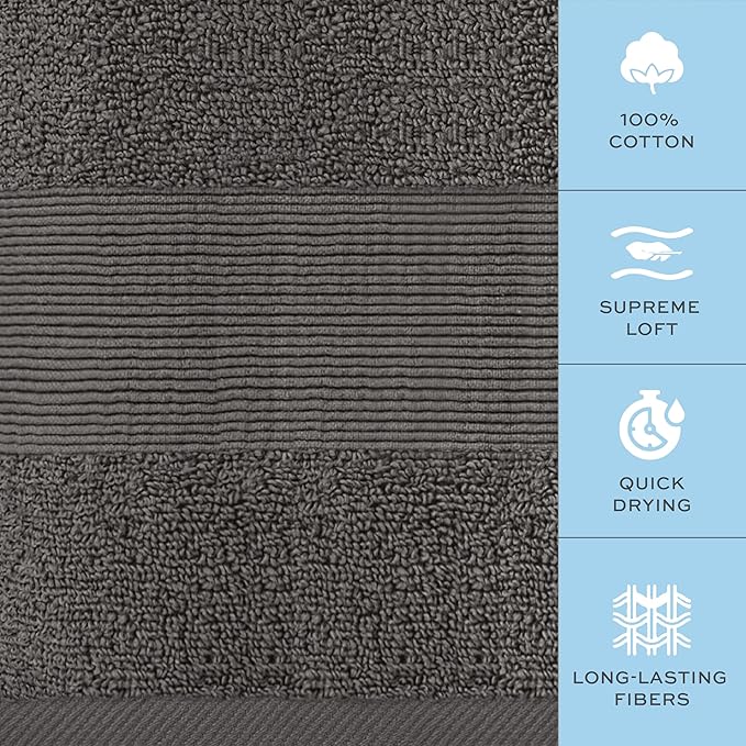 White Classic Resort Collection Soft Hand Towels | 16x27 Luxury Hotel Plush & Absorbent Cotton Hand Towel [6 Pack, Charcoal]
