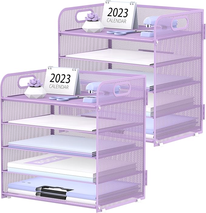 2 Pack 5-Tier Purple Desk Organizer with Handle Mesh Desk File/Paper Organizer Letter Tray for Office, School and Home Easy Installation Purple Office Supplies