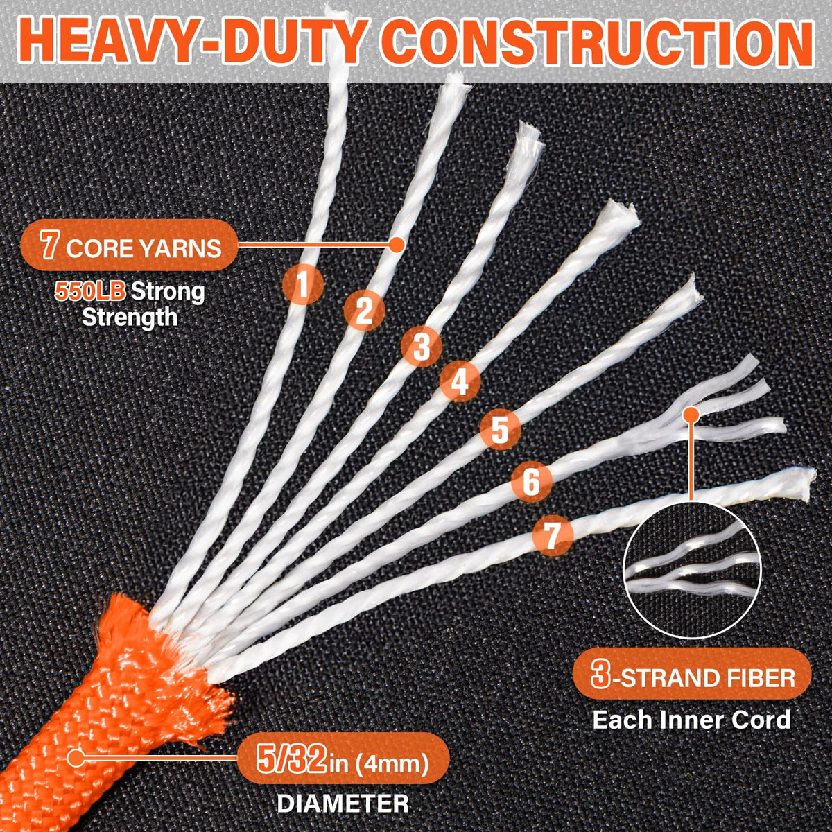 Paracord Rope 550 lb - 200ft 5/32" Parachute Cord 4MM 7-Strand para Cord - Heavy Duty Spool String for Survival,Camping Gear, Survival Bracelet, Clothesline - Orange