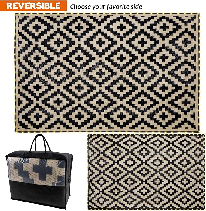 SAND MINE Reversible Mats with Led Strip Lights, Plastic Straw Rug, Modern Area Rug, Large Floor Mat for Outdoors, Patio, Backyard, Deck, Picnic, Camping, Black & Beige, 5' x 8'