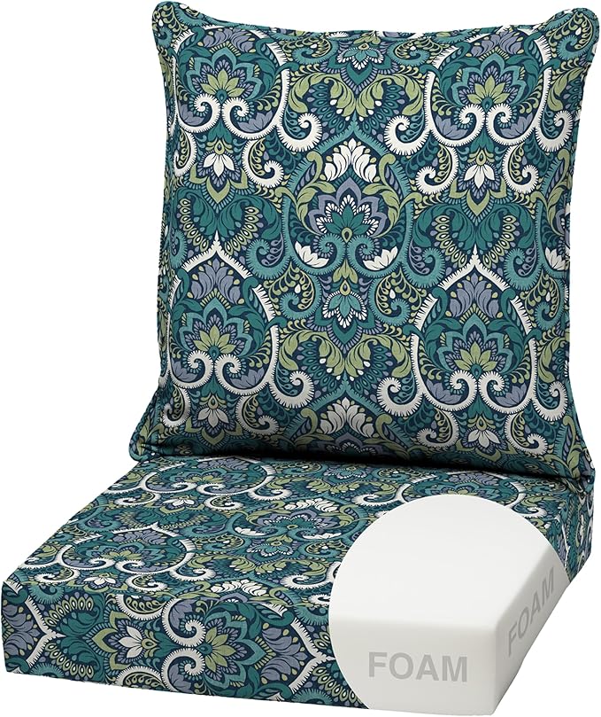 Arden Outdoor Foam Deep Seat Cushion Set, 22x24, Premium High-Density Foam, Never Flattens, Weather-Proof for Patio Chair Sofa Couch, Sapphire Aurora Blue Damask