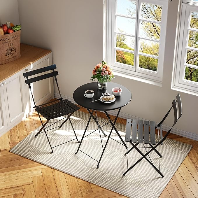 3-Piece Folding Bistro Set, Outdoor Patio Furniture Set with 2 Chairs & 1 Table, Space-Saving Foldable Balcony Garden Set with Heavy-Duty Powder-Coated Steel Frame, No Assembly Required, Black