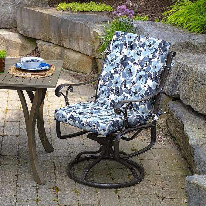 Arden 2-Pack Outdoor Patio Dining Chair Cushion, 20x44, Rain-Proof Seat Pad, Fade-Resistant Outdoor Cushion Blue Garden Floral