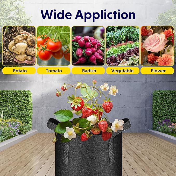 iPower 5-Pack 2 Gallon Plant Grow Bags Thickened Nonwoven Aeration Fabric Pots Heavy Duty Durable Container, Strap Handles for Garden, Black