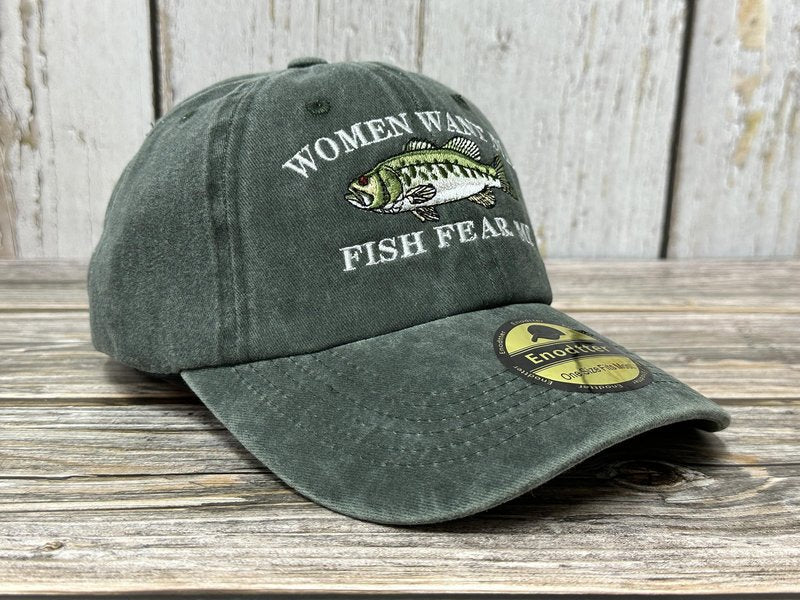 Enodtter Women Want Me Fish Fear Me Hat Trout, Fishing Gifts, Embroidered Army Green Baseball Cap for Men, Adjustable Cotton Dad Hat