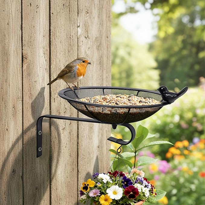 Metal Tray Bird Feeder - Summer Heavy Duty Mesh Seed Tray for Wild Birds Hummingbird, Wall Tree Fence Table Mountable Platform Feeder with Hanging Hook in Deck Balcony Garden Backyard