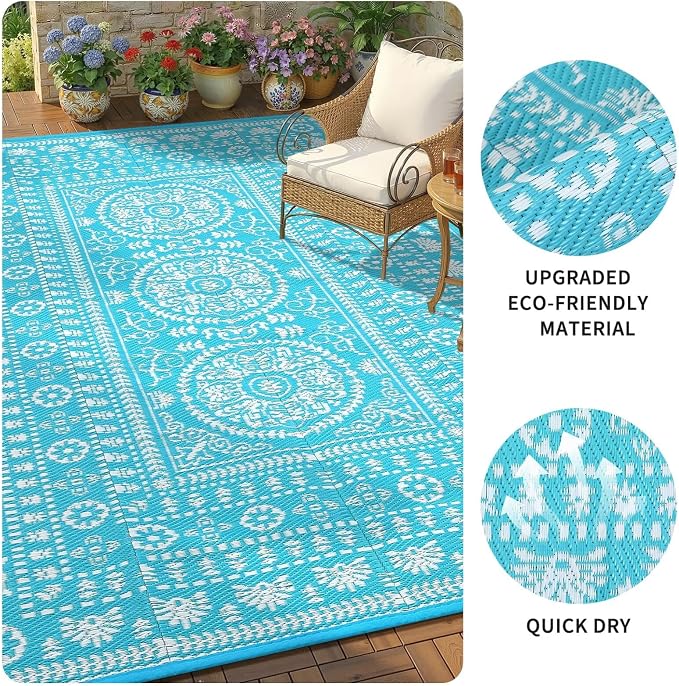 Garvee Reversible Outdoor Rug 9x12 for Patio, Waterproof Outdoor Area Rug, Modern Medallion Indoor Outdoor Rugs, Plastic Straw Rug for RV, Camping, Deck, Vintage Blue