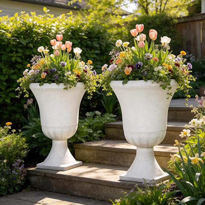22" H Urn Tall Planters, 2-Pack Large Flower Pots for Indoor Outdoor Use, Elegant White Terrazzo Weather-Resistant Pot Containers for Garden Patio Yard Balcony Entryway or Home Décor, KD Base