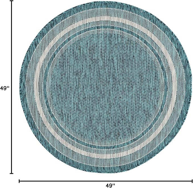 Unique Loom Outdoor Border Collection Area Rug - Soft Border (4' Round Teal/Ivory)