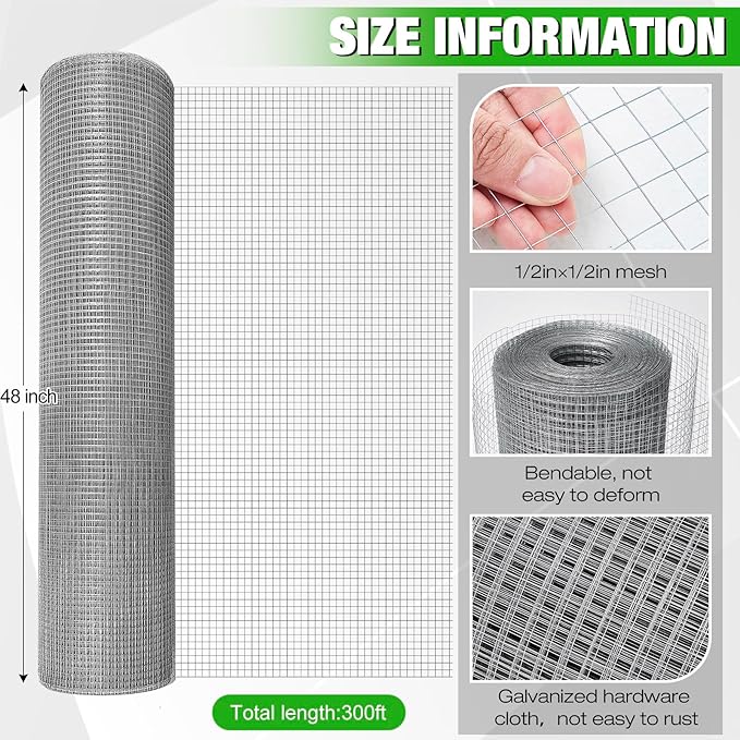 Tatuo Hardware Cloth 1/2 Inch 48 in x 300 ft Hot Dip Galvanized After Welded Cage Mesh Rolls 21 Gauge Metal Chicken Wire Roll Wire Fencing Poultry Netting for Raised Garden Rodent Animals(Silver)