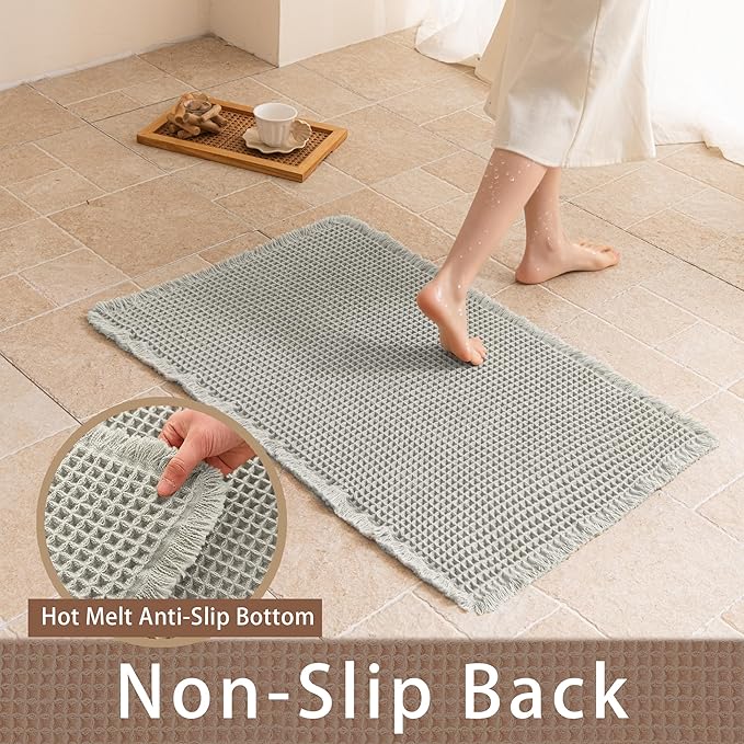 Waffle Runner Rug Non Slip, Boho Bath Mat, Super Absorbent Quick Dry Long Bath Runner Bathroom, Soft Farmhouse Bath Rug with Tassels, Washable Shower Mats for Floor 24"x72", Light Grey